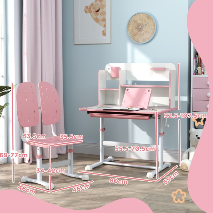 Aiyaplay Height Adjustable Kids Desk And Chair Set, Children School Study Desk With Tiltable Desktop, Reading Rack, Pink