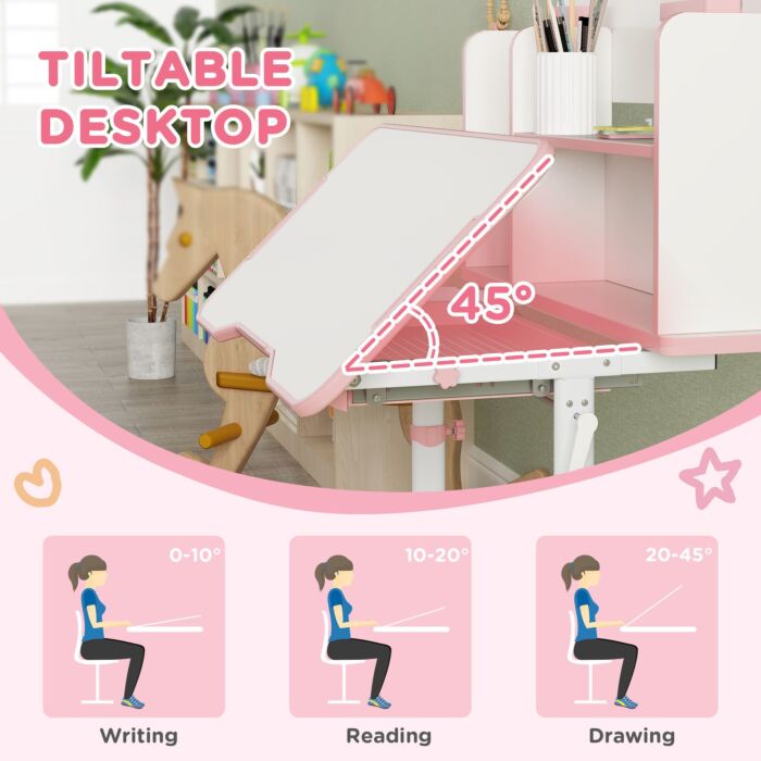 Aiyaplay Height Adjustable Kids Desk And Chair Set, Children School Study Desk With Tiltable Desktop, Reading Rack, Pink