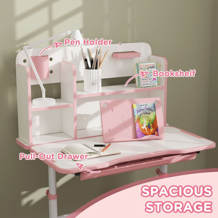Aiyaplay Height Adjustable Kids Desk And Chair Set, Children School Study Desk With Tiltable Desktop, Reading Rack, Pink