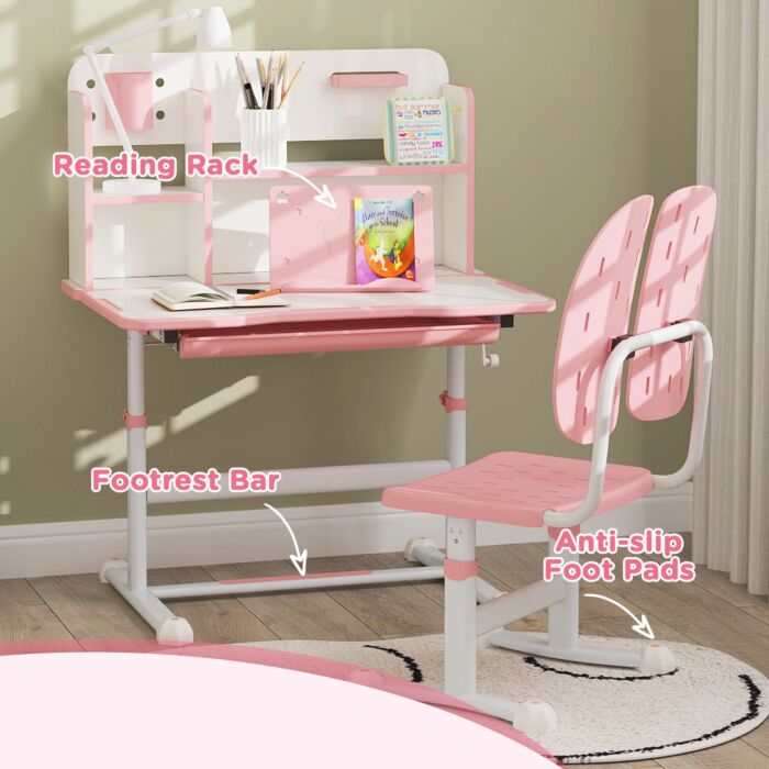 Aiyaplay Height Adjustable Kids Desk And Chair Set, Children School Study Desk With Tiltable Desktop, Reading Rack, Pink