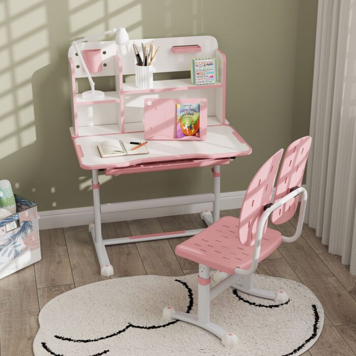 Aiyaplay Height Adjustable Kids Desk And Chair Set, Children School Study Desk With Tiltable Desktop, Reading Rack, Pink