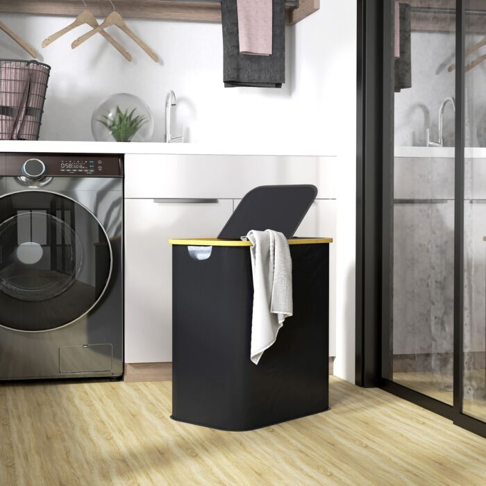 Homcom Double Laundry Basket With Lid, 80l Collapsible Laundry Hamper With Groove Handles, Washing Basket For Bathroom, Bedroom, Laundry Room, Black