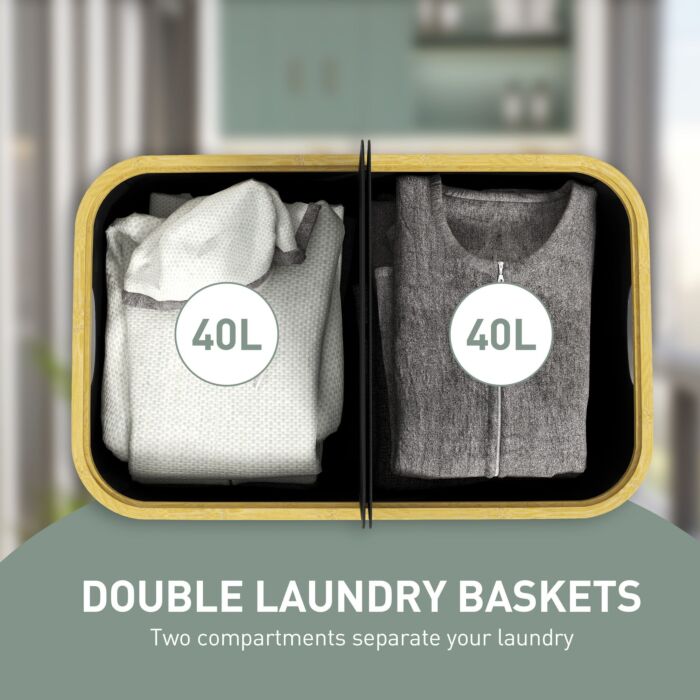 Homcom Double Laundry Basket With Lid, 80l Collapsible Laundry Hamper With Groove Handles, Washing Basket For Bathroom, Bedroom, Laundry Room, Black
