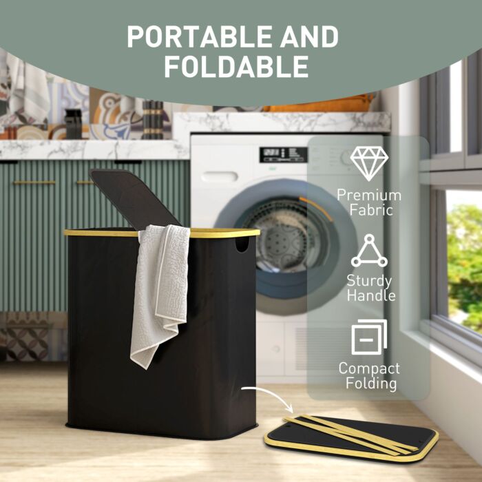 Homcom Double Laundry Basket With Lid, 80l Collapsible Laundry Hamper With Groove Handles, Washing Basket For Bathroom, Bedroom, Laundry Room, Black