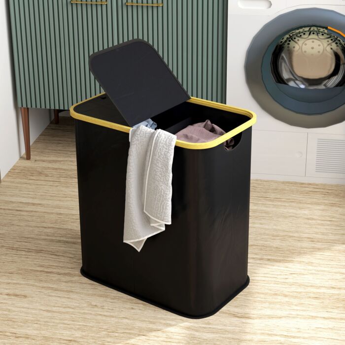 Homcom Double Laundry Basket With Lid, 80l Collapsible Laundry Hamper With Groove Handles, Washing Basket For Bathroom, Bedroom, Laundry Room, Black