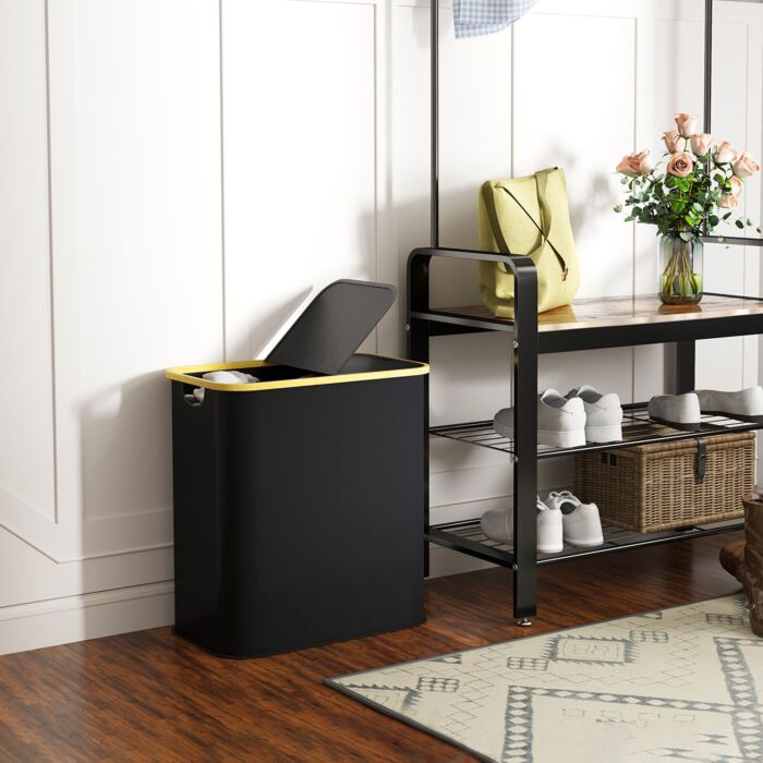 Homcom Double Laundry Basket With Lid, 80l Collapsible Laundry Hamper With Groove Handles, Washing Basket For Bathroom, Bedroom, Laundry Room, Black