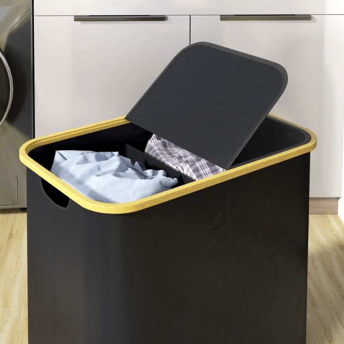 Homcom Double Laundry Basket With Lid, 80l Collapsible Laundry Hamper With Groove Handles, Washing Basket For Bathroom, Bedroom, Laundry Room, Black