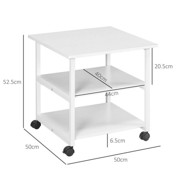 Homcom 3-tier Printer Stand With Storage Shelf, Mobile Printer Table On Wheels, 50 X 50 X 52.5cm Rolling Printer Cart For Home Office, White