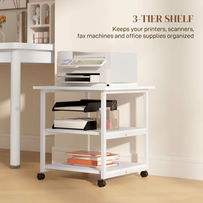 Homcom 3-tier Printer Stand With Storage Shelf, Mobile Printer Table On Wheels, 50 X 50 X 52.5cm Rolling Printer Cart For Home Office, White