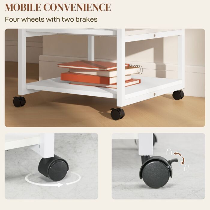 Homcom 3-tier Printer Stand With Storage Shelf, Mobile Printer Table On Wheels, 50 X 50 X 52.5cm Rolling Printer Cart For Home Office, White