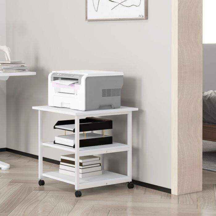 Homcom 3-tier Printer Stand With Storage Shelf, Mobile Printer Table On Wheels, 50 X 50 X 52.5cm Rolling Printer Cart For Home Office, White