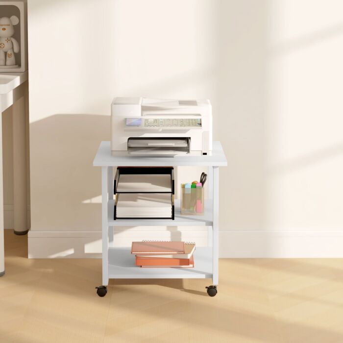 Homcom 3-tier Printer Stand With Storage Shelf, Mobile Printer Table On Wheels, 50 X 50 X 52.5cm Rolling Printer Cart For Home Office, White