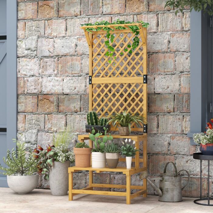 Outsunny Wooden Plant Stand With Trellis, Freestanding Raised Garden Bed For Climbing Plants, Planter Box To Grow Vegetables, Herbs And Flowers For Garden, Patio, Yellow