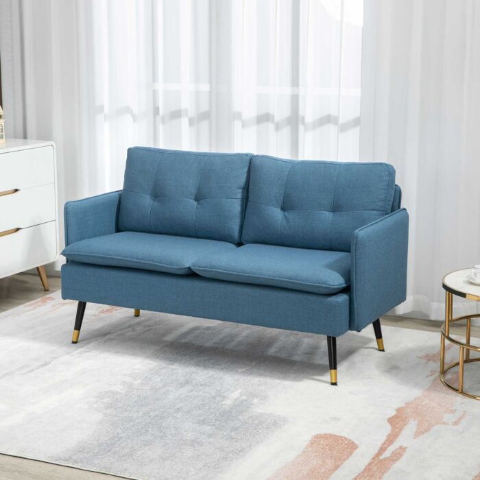 Homcom 2 Seater Sofas, Fabric Couch, Button Tufted Love Seat With Cushions, Dark Blue