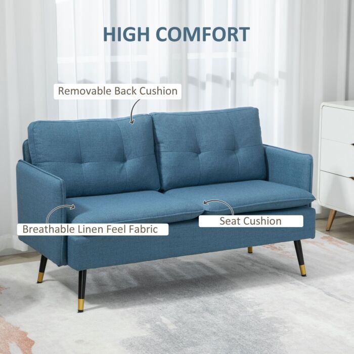 Homcom 2 Seater Sofas, Fabric Couch, Button Tufted Love Seat With Cushions, Dark Blue