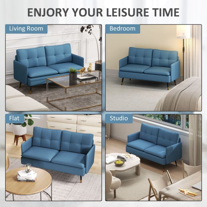 Homcom 2 Seater Sofas, Fabric Couch, Button Tufted Love Seat With Cushions, Dark Blue