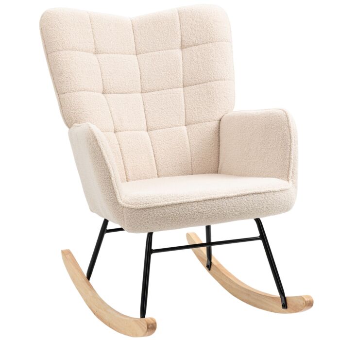 Homcom Wingback Rocking Chair For Nursing, Berber Fleece Nursery Glider Rocker, Modern Armchair, Beige