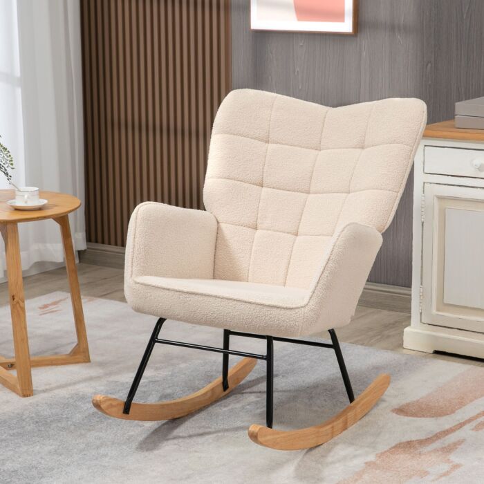Homcom Wingback Rocking Chair For Nursing, Berber Fleece Nursery Glider Rocker, Modern Armchair, Beige