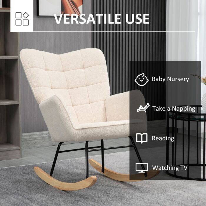 Homcom Wingback Rocking Chair For Nursing, Berber Fleece Nursery Glider Rocker, Modern Armchair, Beige