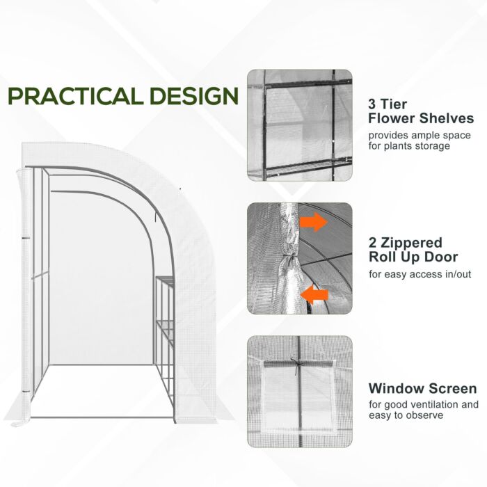 Outsunny Outdoor Walk-in Greenhouse, Plant Nursery With Zippered Doors, Pe Cover And 3-tier Shelves, White, 300 X 150 X 213 Cm