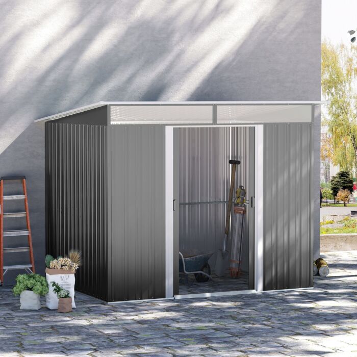 Outsunny Garden Metal Storage Shed House Hut Gardening Tool Storage W/ Tilted Roof And Ventilation 9 X 6ft, Grey