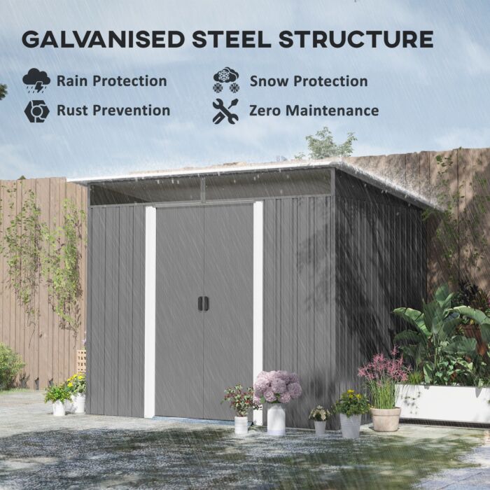 Outsunny Garden Metal Storage Shed House Hut Gardening Tool Storage W/ Tilted Roof And Ventilation 9 X 6ft, Grey
