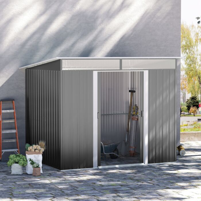 Outsunny Garden Metal Storage Shed House Hut Gardening Tool Storage W/ Tilted Roof And Ventilation 9 X 6ft, Grey