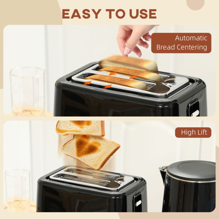 Homcom Kettle And Toaster Set, 1.5l 3000w Fast Boil Kettle With Insulation & 2 Slice Toaster Kitchen Set With 7 Level Browning Controls, Defrost, Reheat And Crumb Tray, Black