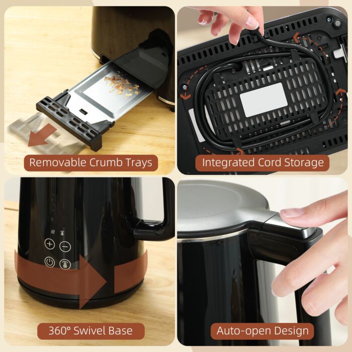 Homcom Kettle And Toaster Set, 1.5l 3000w Fast Boil Kettle With Insulation & 2 Slice Toaster Kitchen Set With 7 Level Browning Controls, Defrost, Reheat And Crumb Tray, Black