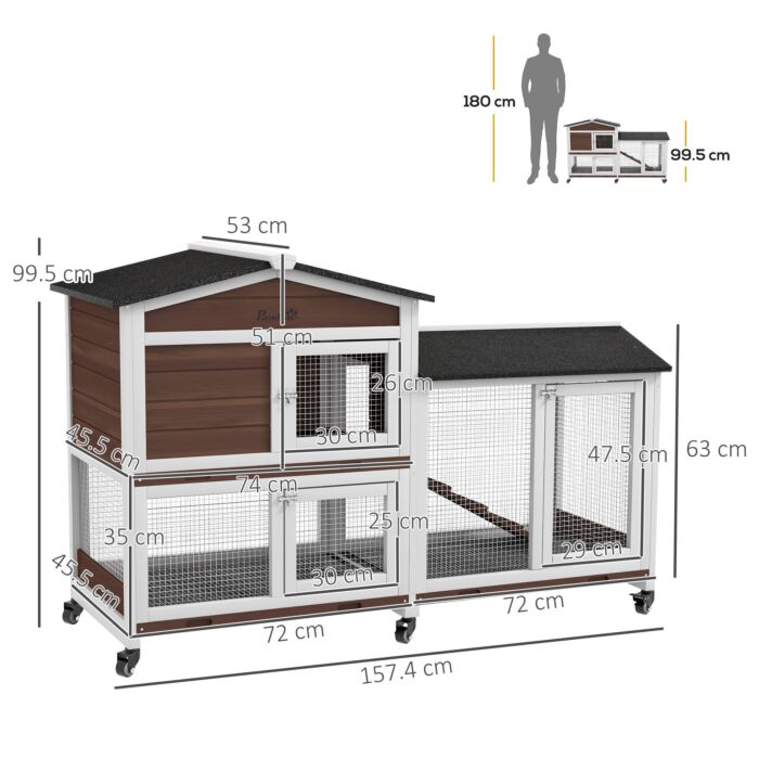 Pawhut Wooden Two-tier Pet Hutch With Wheels, Run - Brown