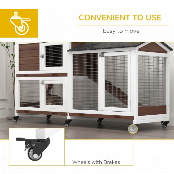 Pawhut Wooden Two-tier Pet Hutch With Wheels, Run - Brown