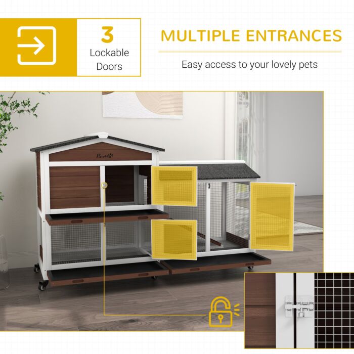 Pawhut Wooden Two-tier Pet Hutch With Wheels, Run - Brown