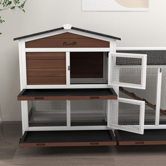 Pawhut Wooden Two-tier Pet Hutch With Wheels, Run - Brown