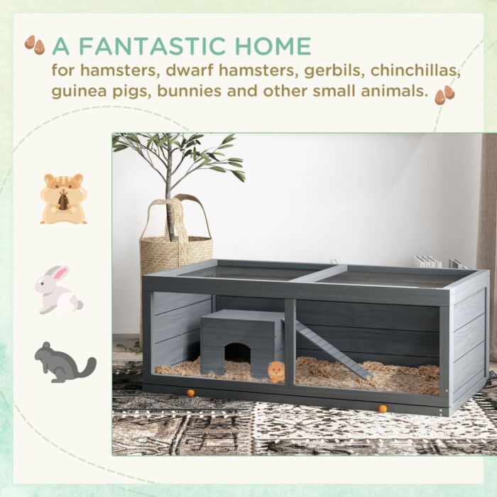 Pawhut Wooden Hamster Cage With Sliding Tray, Openable Top, Hut For Syrian Hamsters, Grey