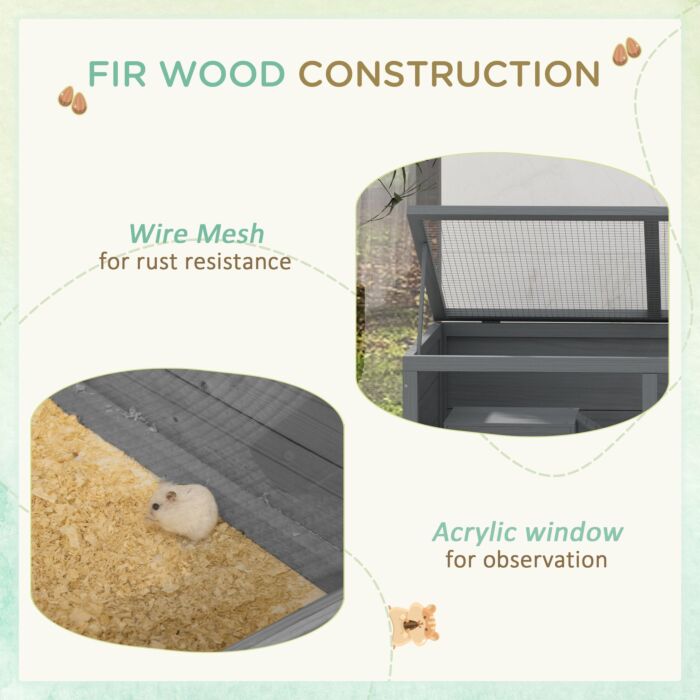 Pawhut Wooden Hamster Cage With Sliding Tray, Openable Top, Hut For Syrian Hamsters, Grey