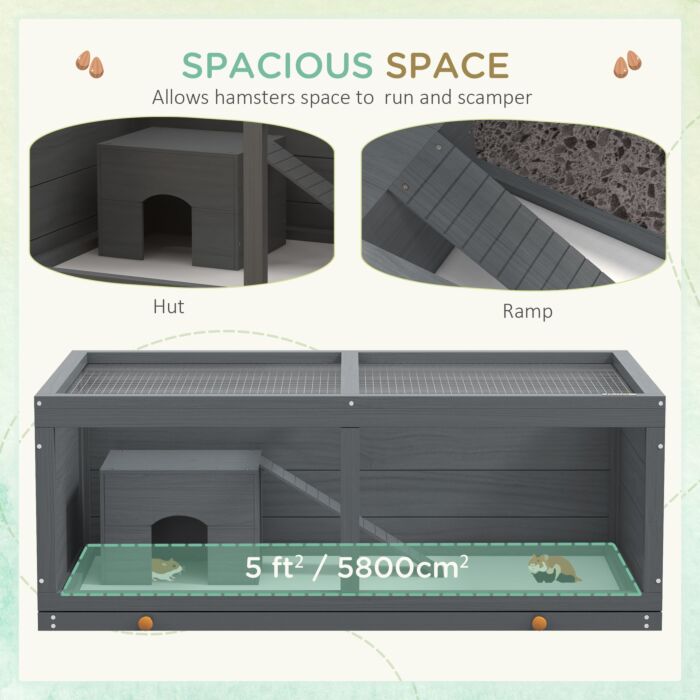 Pawhut Wooden Hamster Cage With Sliding Tray, Openable Top, Hut For Syrian Hamsters, Grey