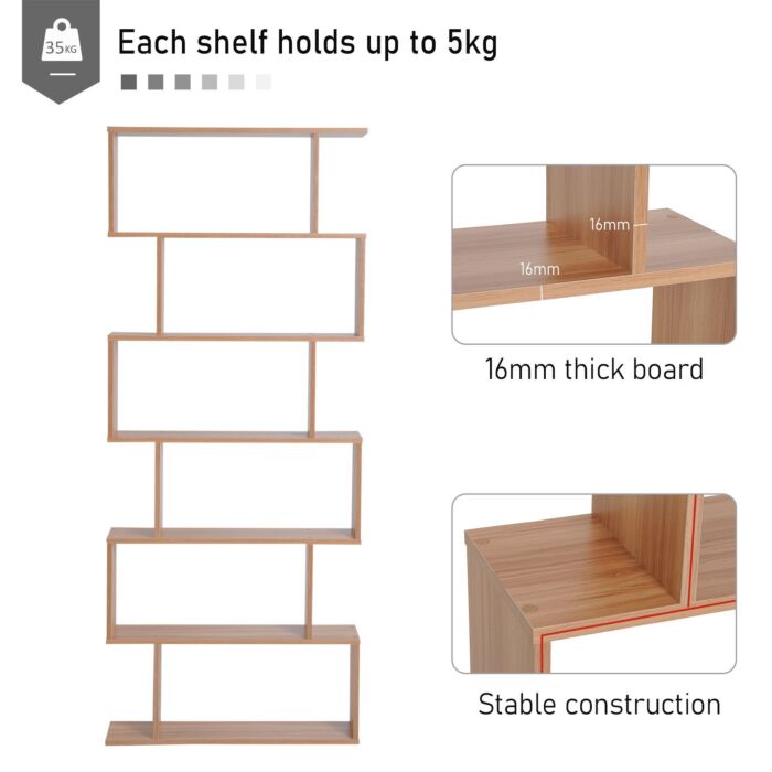 Homcom Wooden Wood S Shape Storage Display 6 Shelves Room Divider Unit Chest Bookshelf Bookcase Cupboard Cabinet Home Office Furniture (maple)