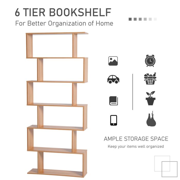 Homcom Wooden Wood S Shape Storage Display 6 Shelves Room Divider Unit Chest Bookshelf Bookcase Cupboard Cabinet Home Office Furniture (maple)