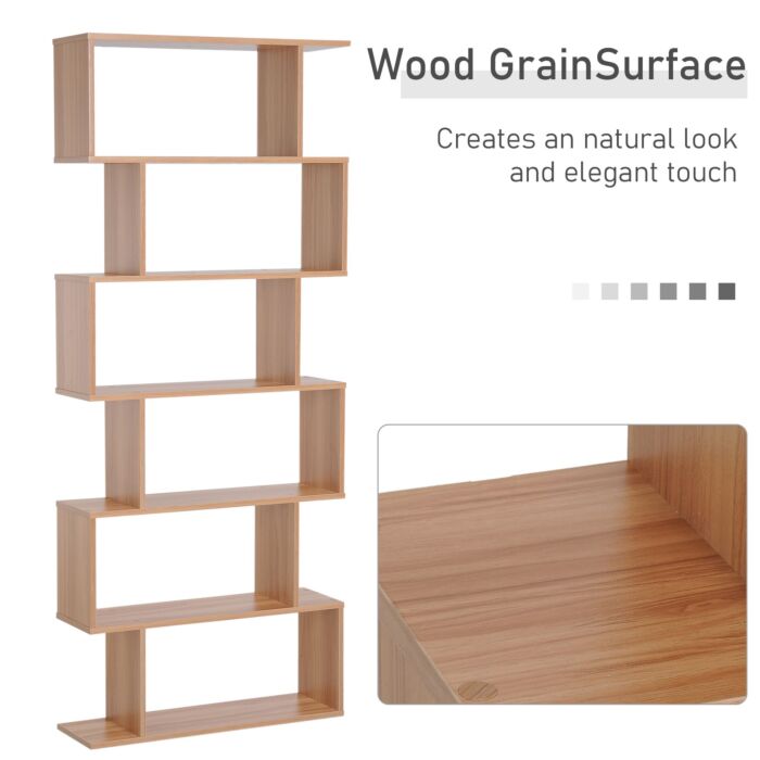 Homcom Wooden Wood S Shape Storage Display 6 Shelves Room Divider Unit Chest Bookshelf Bookcase Cupboard Cabinet Home Office Furniture (maple)