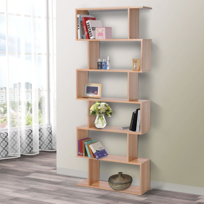 Homcom Wooden Wood S Shape Storage Display 6 Shelves Room Divider Unit Chest Bookshelf Bookcase Cupboard Cabinet Home Office Furniture (maple)