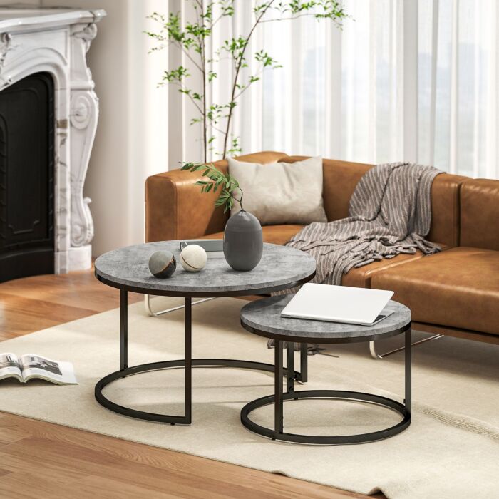Homcom Industrial Nesting Coffee Table Set Of 2, Round Coffee Tables, Living Room Table With Faux Cement Top And Steel Frame