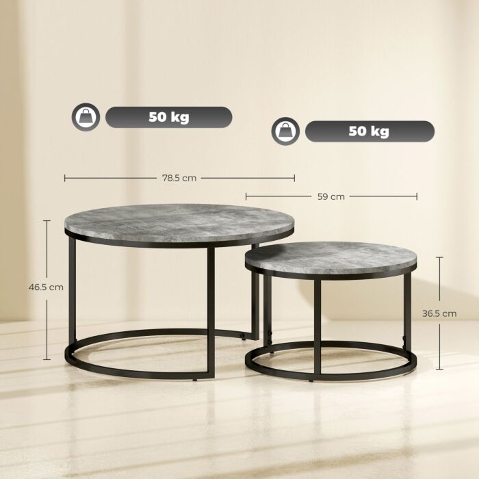 Homcom Industrial Nesting Coffee Table Set Of 2, Round Coffee Tables, Living Room Table With Faux Cement Top And Steel Frame