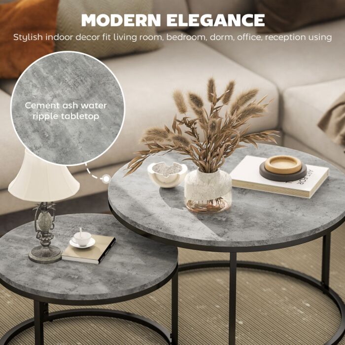 Homcom Industrial Nesting Coffee Table Set Of 2, Round Coffee Tables, Living Room Table With Faux Cement Top And Steel Frame