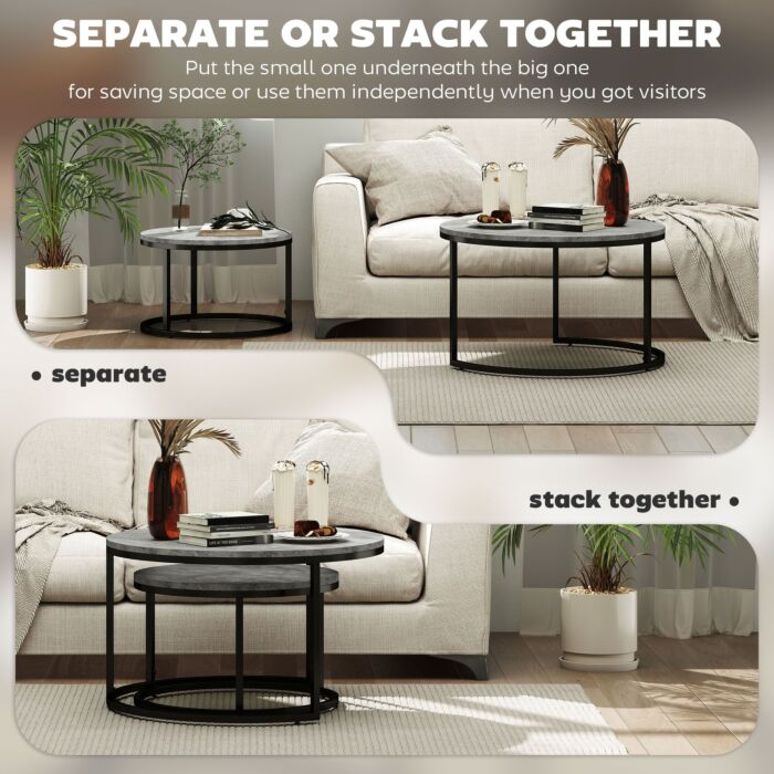 Homcom Industrial Nesting Coffee Table Set Of 2, Round Coffee Tables, Living Room Table With Faux Cement Top And Steel Frame
