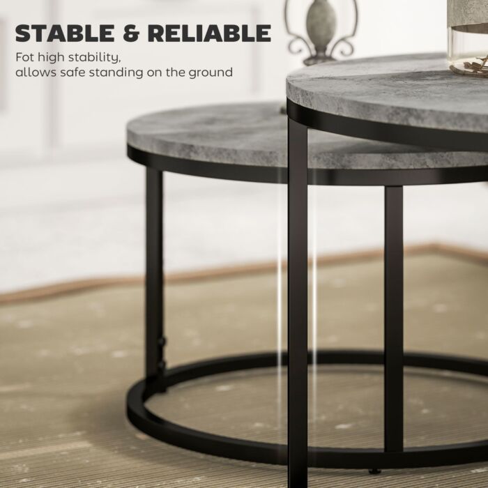 Homcom Industrial Nesting Coffee Table Set Of 2, Round Coffee Tables, Living Room Table With Faux Cement Top And Steel Frame