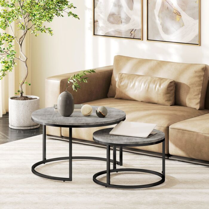 Homcom Industrial Nesting Coffee Table Set Of 2, Round Coffee Tables, Living Room Table With Faux Cement Top And Steel Frame
