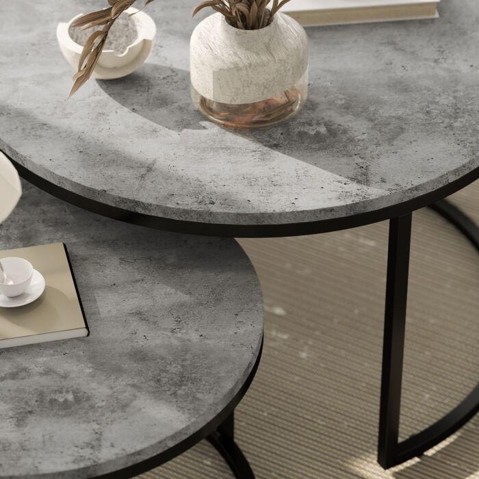 Homcom Industrial Nesting Coffee Table Set Of 2, Round Coffee Tables, Living Room Table With Faux Cement Top And Steel Frame