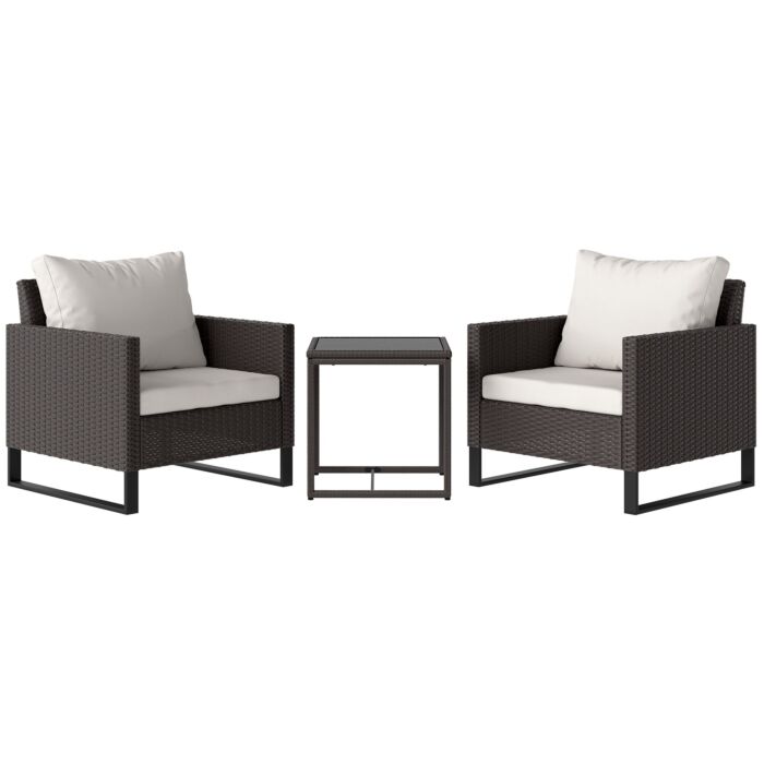 Outsunny 3 Pieces Rattan Bistro Set With 4 Cushions, Wicker Garden Furniture Set, Glass Top Coffee Table And Chairs For Outdoor Patio, Balcony, Terrace And Conservatory, Brown