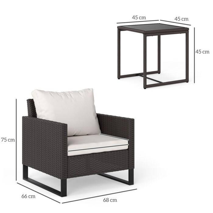 Outsunny 3 Pieces Rattan Bistro Set With 4 Cushions, Wicker Garden Furniture Set, Glass Top Coffee Table And Chairs For Outdoor Patio, Balcony, Terrace And Conservatory, Brown
