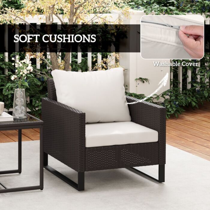Outsunny 3 Pieces Rattan Bistro Set With 4 Cushions, Wicker Garden Furniture Set, Glass Top Coffee Table And Chairs For Outdoor Patio, Balcony, Terrace And Conservatory, Brown